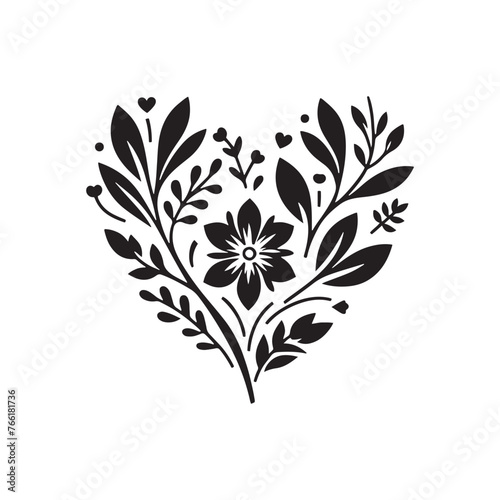 Floral Heart Silhouette Vector: Romantic Symbol of Love and Nature's Beauty in Elegant Form-Floral heart vector stock.