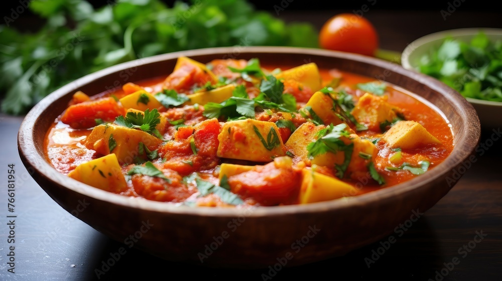 Hearty and healthy vegetable stew garnished with fresh coriander in a brown earthenware bowl. Hearty and healthy vegetable stew garnished with fresh coriander in a brown earthenware bowl.