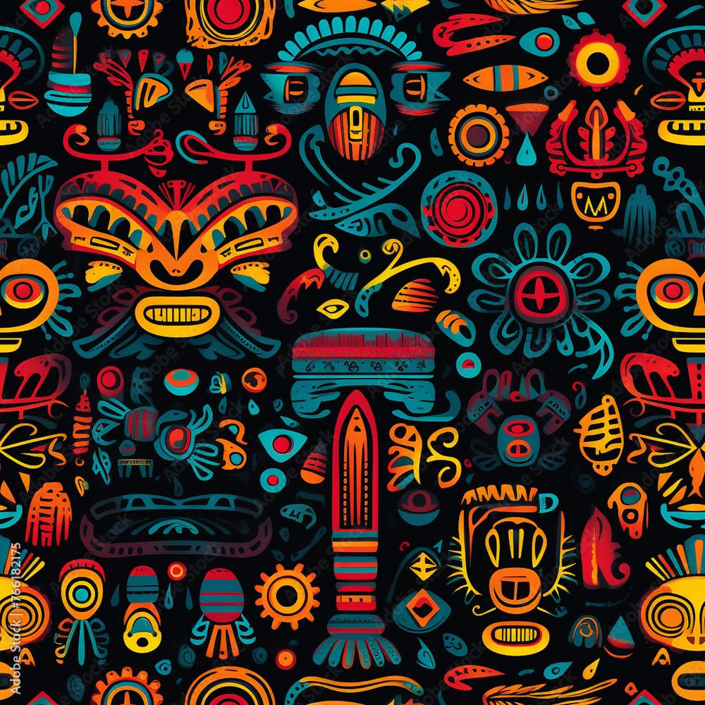 Colorful Tribal Doodle Art, Ethnic Abstract Pattern