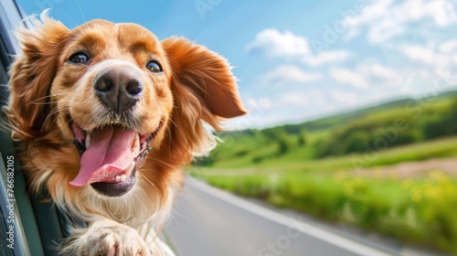 Funny dog's muzzle looks out of car window during a road trip. Happy pet sticks out its tongue in the wind and enjoys a auto ride. Cute doggy have fun. Joyful travel with animal. Curious pup. Summer. photo