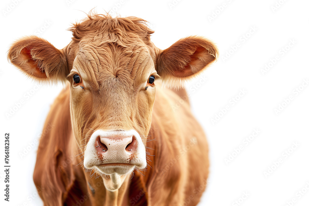 Close up view of cow face or cattle standing in front of white background looking at camera, focus on its face with blank copyspace.