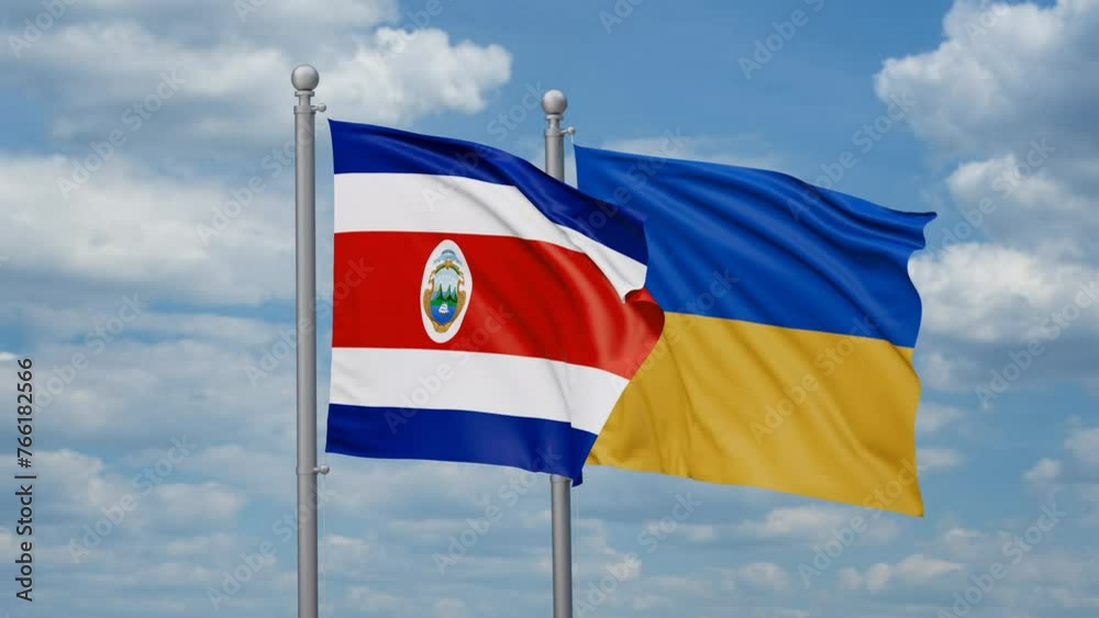 Ukraine and Costa Rico two flags waving together, looped video, two country cooperation concept Ukraine and Costa Rico two flags waving together, looped video, two country cooperation concept