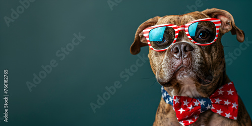 Portrait of proud dog in stars and stripes sunglasses with American flag bow tie on green background. Celebration of Independence day, 4th July, Memorial Day.  generative ai  © Malaika