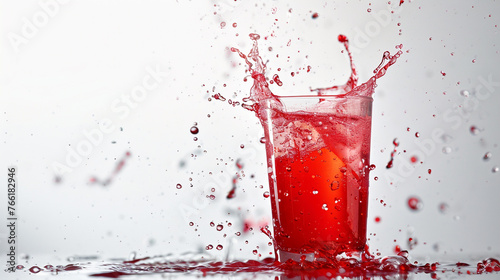 A vibrant red drink splashing against a pristine white background, capturing the dynamic movement and energy of the splash.