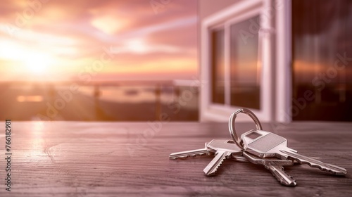 Keys on the table in new apartment against the background of sunset and large windows. Mortgage, investment, rent, real estate, property concept.