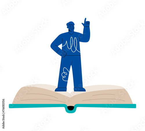 Employee handbook. Man standing on book.  Colorful vector illustration