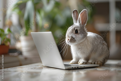 A programmer Easter bunny working on a laptop, celebrating Easter while coding. The image captures the festive and technological atmosphere.