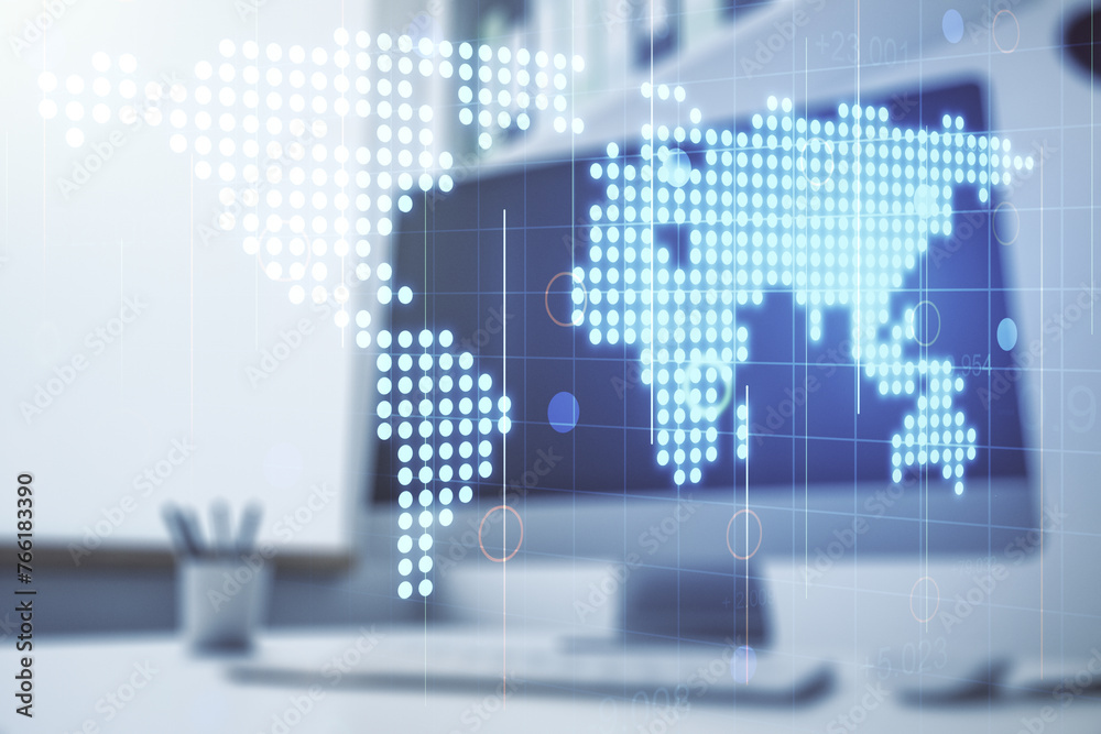 Multi exposure of abstract graphic world map and modern desk with computer on background, connection and communication concept