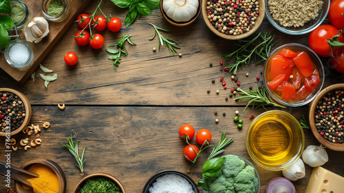 Top view on black background. Seeds, nuts, greens, fruits, vegetables, spices and wooden board with space for text on dark stone table. photo