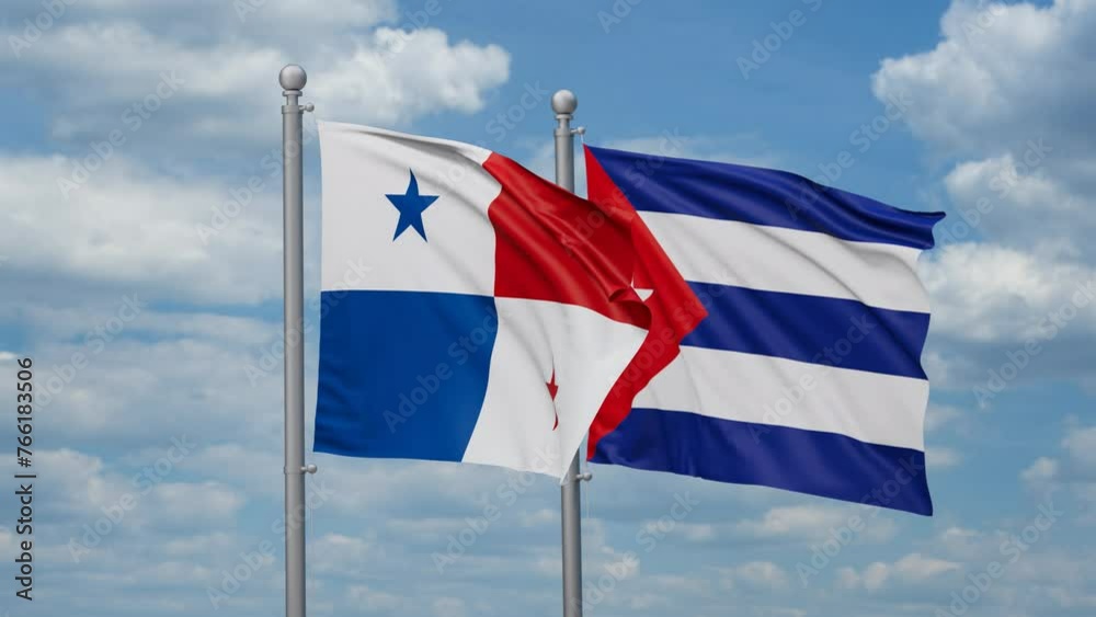 Cuba and Panama two flags waving together, looped video, two country cooperation concept