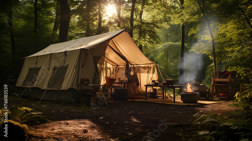 camping in the woods with a solar panelled tent and equipment © Oleksandr