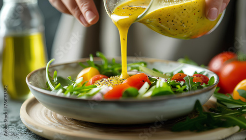 Woman hand pouring honey mustard dressing into bowl with fresh salad on table photo