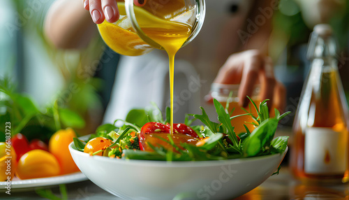 Woman hand pouring honey mustard dressing into bowl with fresh salad on table
