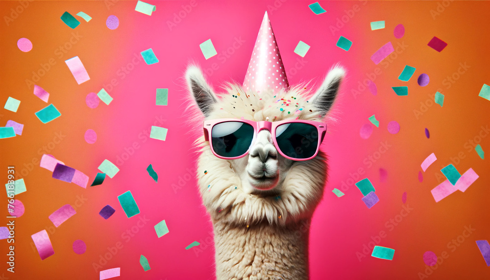 Fototapeta premium carnival mask, Happy Birthday, carnival, New Year's, funny animals card, alpaca with a party hat and sunglasses on a pink background with confetti