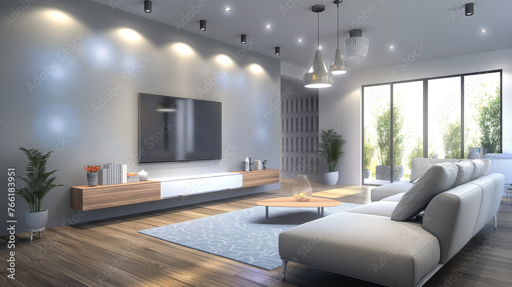 Industrial style of living room interior design. TV. Detailed 3D image of interior of living room with modern sofa. By window. Industrial style of living room interior design. TV. Detailed 3D image of interior of living room with modern sofa. By window.