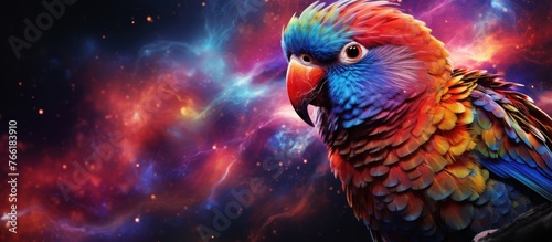 A vibrant parrot perches on a branch against a backdrop of electric blue and magenta hues. Its colorful feathers, beak, and wings create an artistic scene in nature © 2rogan