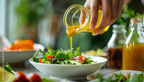 Woman hand pouring honey mustard dressing into bowl with fresh salad on table photo