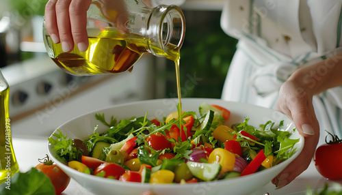 Woman adding olive oil to fresh vegetable salad on table