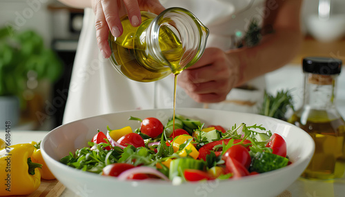 Woman adding olive oil to fresh vegetable salad on table