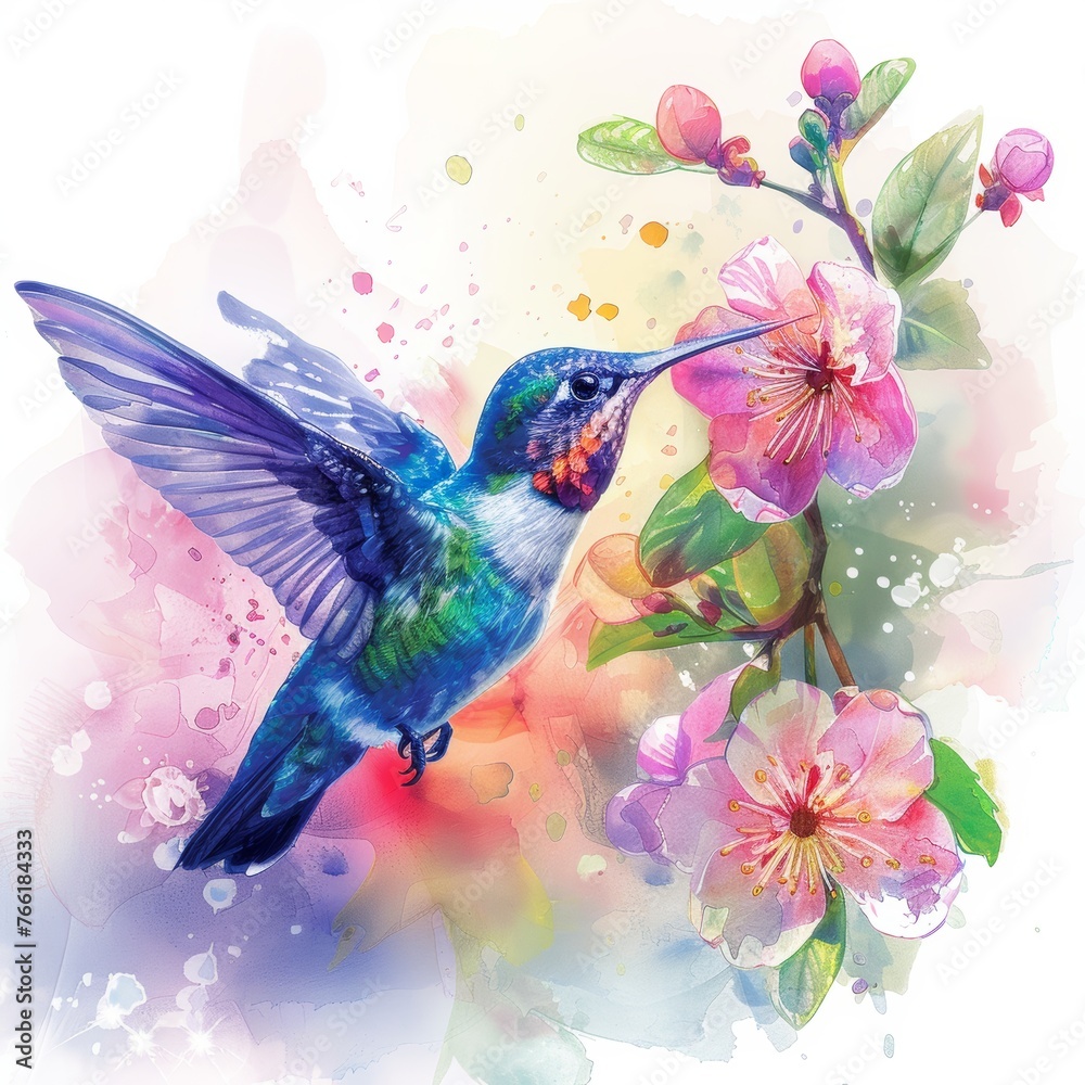 A hummingbird is perched on a pink flower. The bird is surrounded by a splash of color, with the pink flower and the bird's feathers creating a vibrant and lively scene. Concept of joy and wonder A hummingbird is perched on a pink flower. The bird is surrounded by a splash of color, with the pink flower and the bird's feathers creating a vibrant and lively scene. Concept of joy and wonder