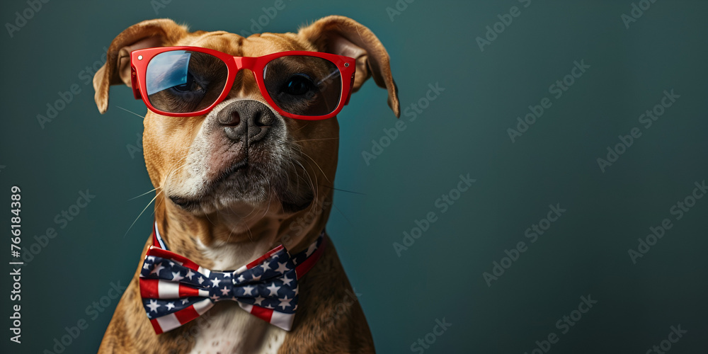Portrait of proud dog in stars and stripes sunglasses with American flag bow tie on green background. Celebration of Independence day, 4th July, Memorial Day.  generative ai 