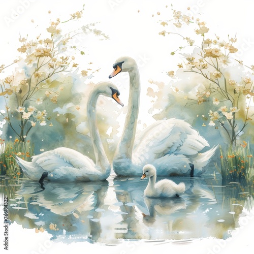 A painting of three swans in a pond. The swans are two adult swans and one baby swan. The painting has a peaceful and serene mood, with the swans swimming in the water and the trees in the background