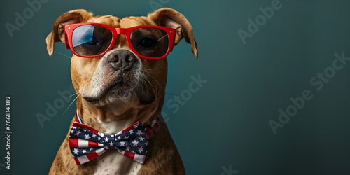 Portrait of proud dog in stars and stripes sunglasses with American flag bow tie on green background. Celebration of Independence day, 4th July, Memorial Day.  generative ai  © Malaika