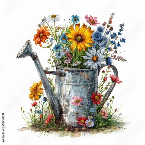 A flower vase with a watering can on top of it. The flowers are colorful and the vase is silver