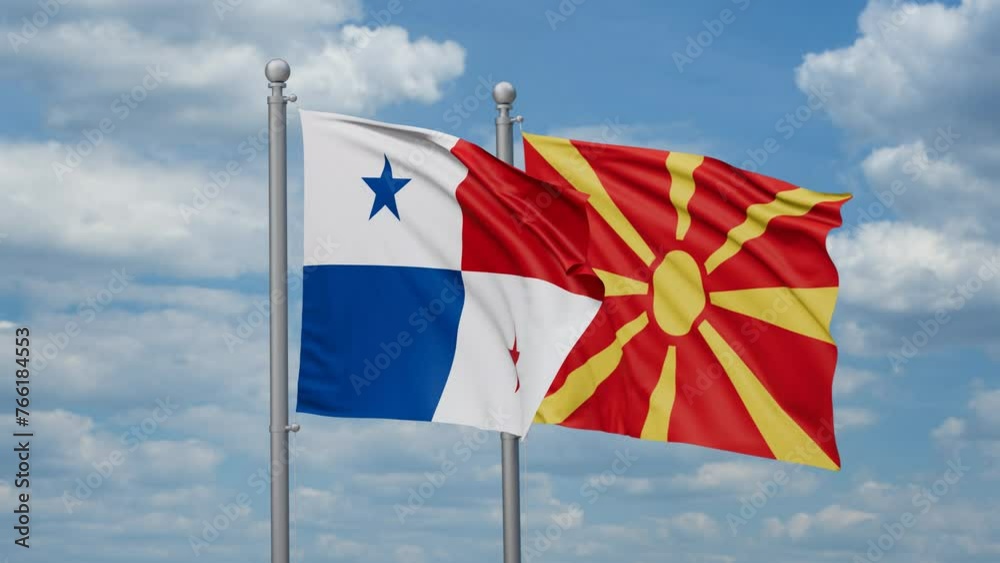Panama and North Macedonia two flags waving together, looped video Panama and North Macedonia two flags waving together, looped video
