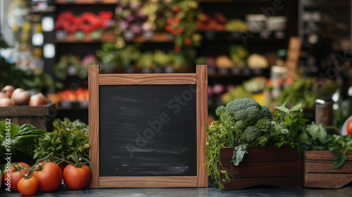 Blank board surrounded by various fresh vegetables on a wooden table Flat lay with space for text. Cooking class Selling fresh organic products at the farmers market © atitaph