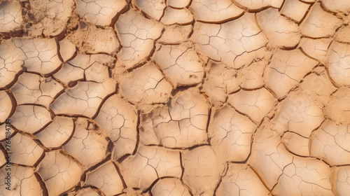 Top view photo of xracked earth, cracked soil and drought land. Texture of grungy dry cracking parched earth. Global warming effect. Ecology disaster