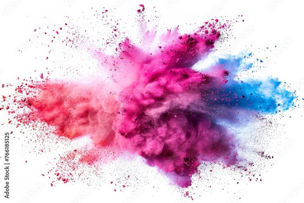 Colorful powders burst in an explosion on a white background, creating a dynamic and vivid display of colors in motion - obrazy, fototapety, plakaty 