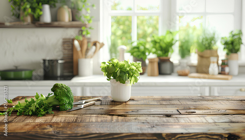 Healthy food cooking concept  front view on fresh green leafy vegetables and kitchen utensils standing on wooden countertop