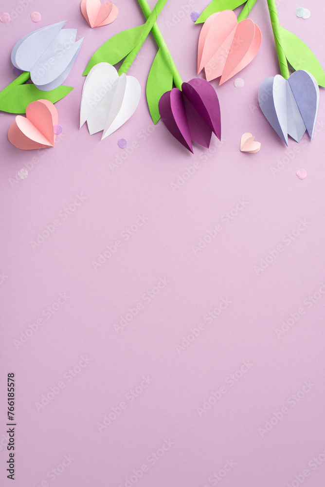 Crafting for Mom's day. View from top capturing paper-made tulips, petite hearts, and whisper-soft confetti on a pastel lilac background, designated space for text or ads