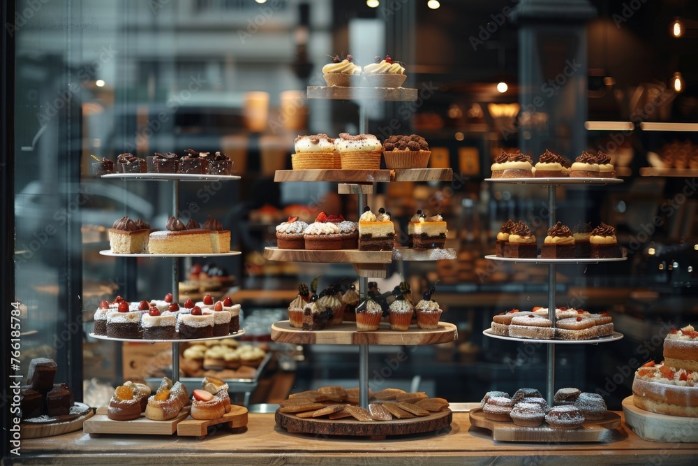 Assorted Desserts Displayed in Bakery Window
