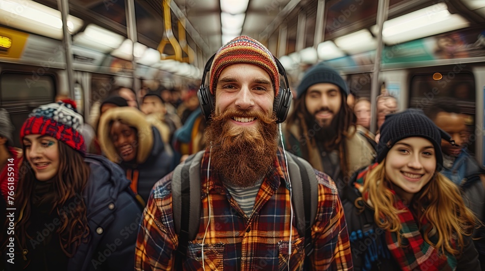 Wide-angle view of a man amidst a sea of commuters on the subway, finding tranquility through his