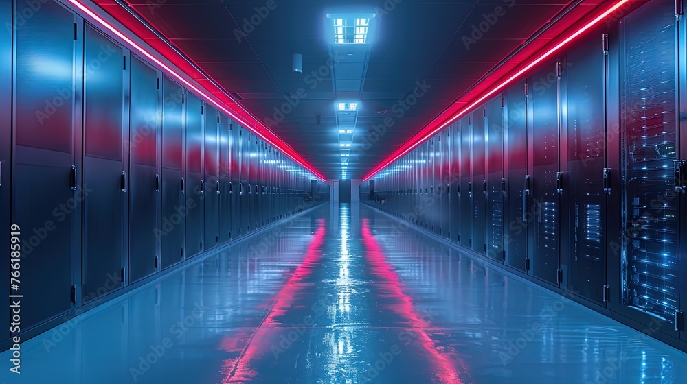 Wide-angle shot captures the length of a data center corridor, emphasizing the scale and complexit