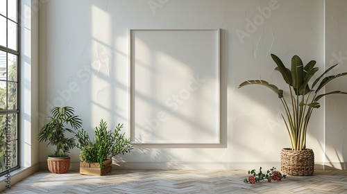 Perspective view of a sleek white blank frame mockup against a neutral background, ideal for prese photo