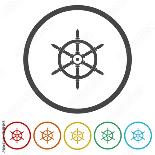 Ship steering wheel icon. Set icons in color circle buttons