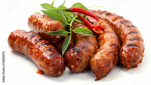 Northern Thai spicy sausage street food, a local delicacy, is featured against a white background.