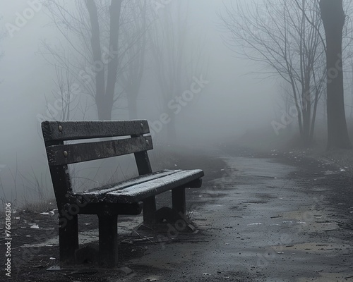An empty bench in the fog, conveying loneliness and the sadness of being forgotten,