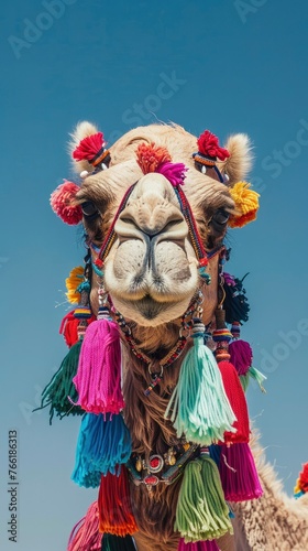 A camel adorned with vibrant colored tassels and beads