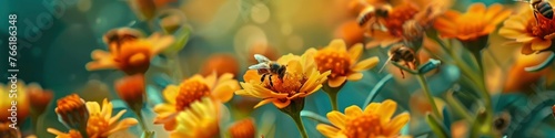 A macro view of several bees on top of many orange and yellow colors and hectic flowers with a green background. #766186348