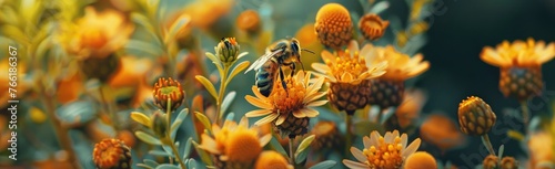 A macro view of several bees on top of many orange and yellow colors and hectic flowers with a green background.