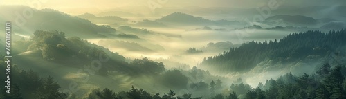 Inscrutable patterns swirling in the morning mist over a mysterious landscape, close-up photo