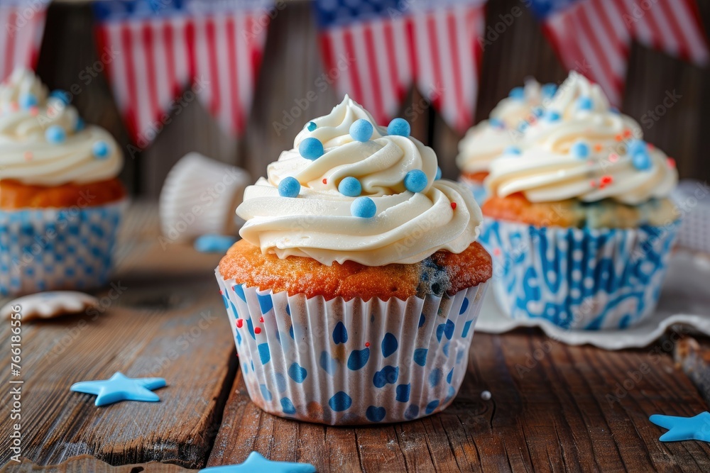 Delicious cupcakes with white frosting and blue polka dots