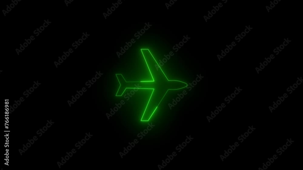Neon glowing green color airplane sign icon animation black background Neon glowing green color airplane sign icon animation black background