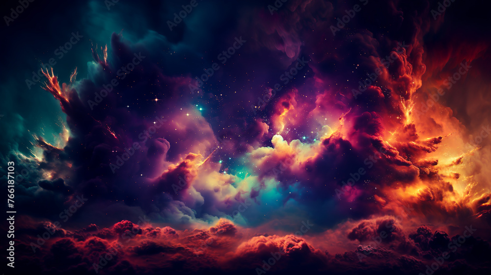Vibrant shades of blue,purple,red and orange blend in a dramatic and dynamic celestial scene reminiscent of a fog.Stars pepper the canvas,giving the impression of a vast,cosmic expanse.AI generated. - obrazy, fototapety, plakaty 