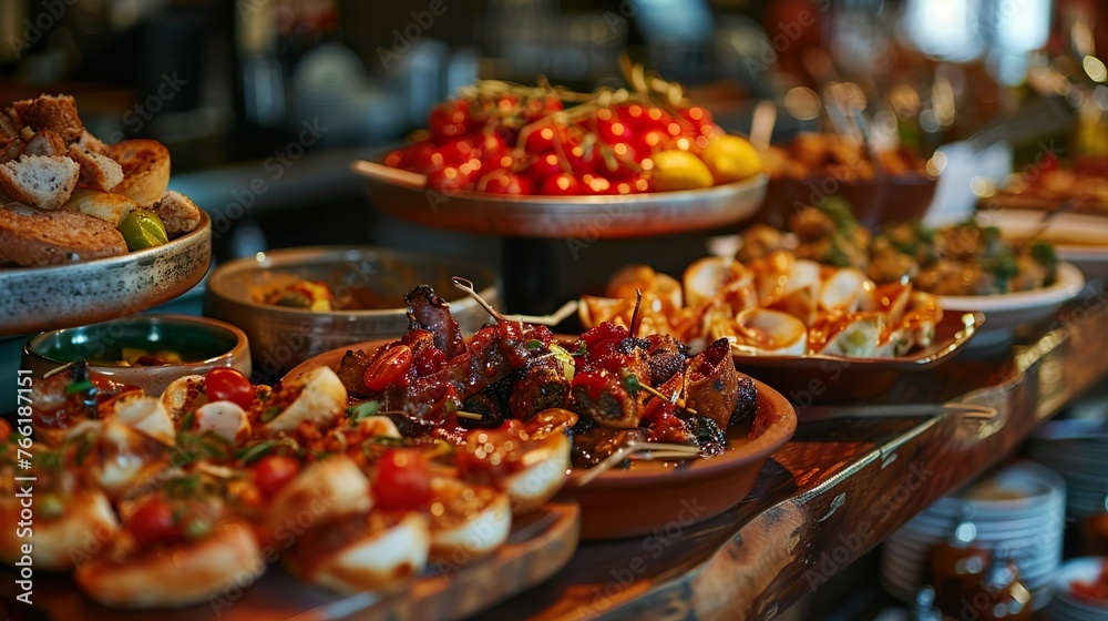 Chic tapas restaurant scene featuring traditional Spanish small plates with modern twist Chic tapas restaurant scene featuring traditional Spanish small plates with modern twist