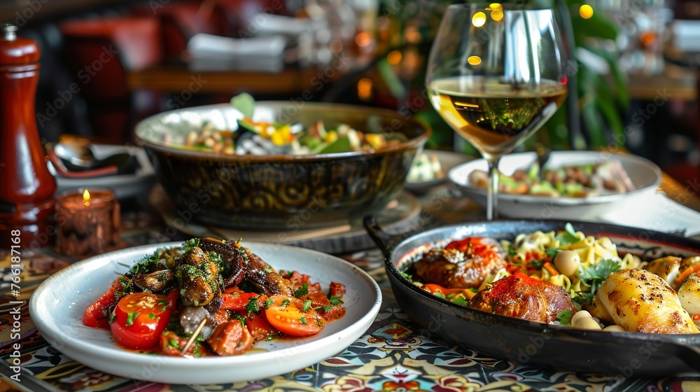 Chic tapas restaurant scene featuring traditional Spanish small plates with modern twist Chic tapas restaurant scene featuring traditional Spanish small plates with modern twist